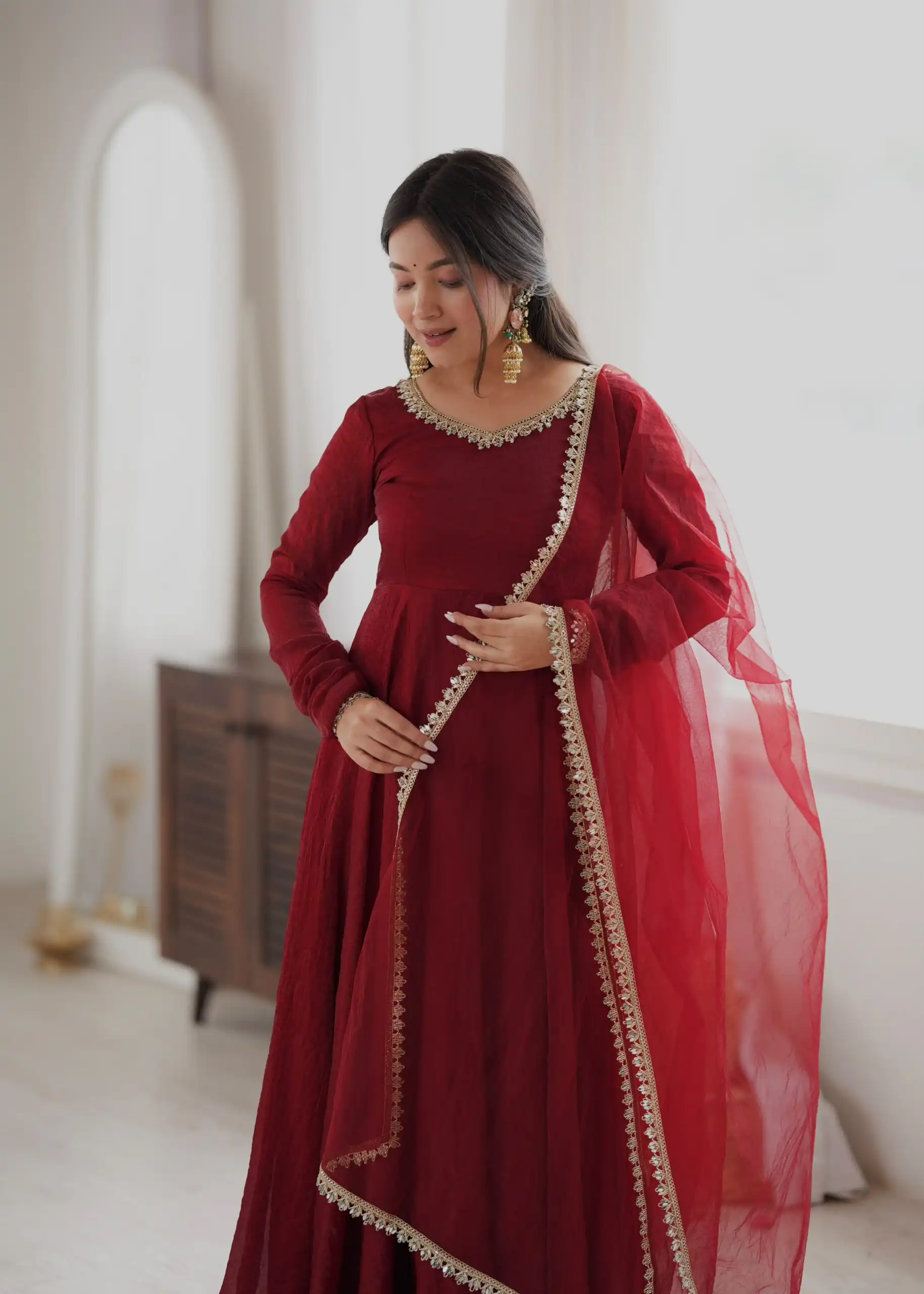 Glowing Maroon Doremon Crush Mirror Work Gown - Image 12