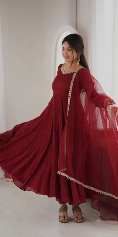 Glowing Maroon Doremon Crush Mirror Work Gown