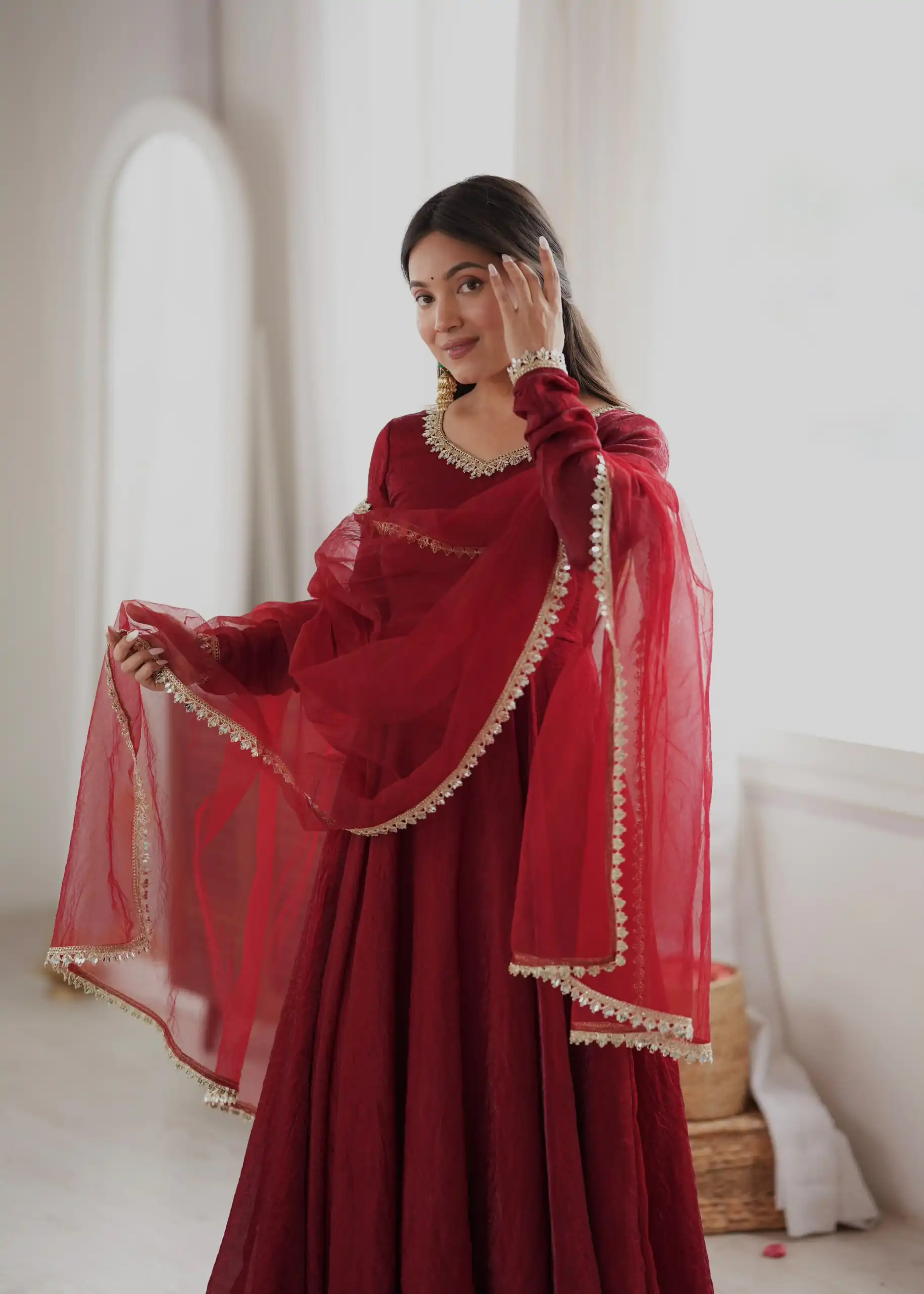 Glowing Maroon Doremon Crush Mirror Work Gown - Image 7