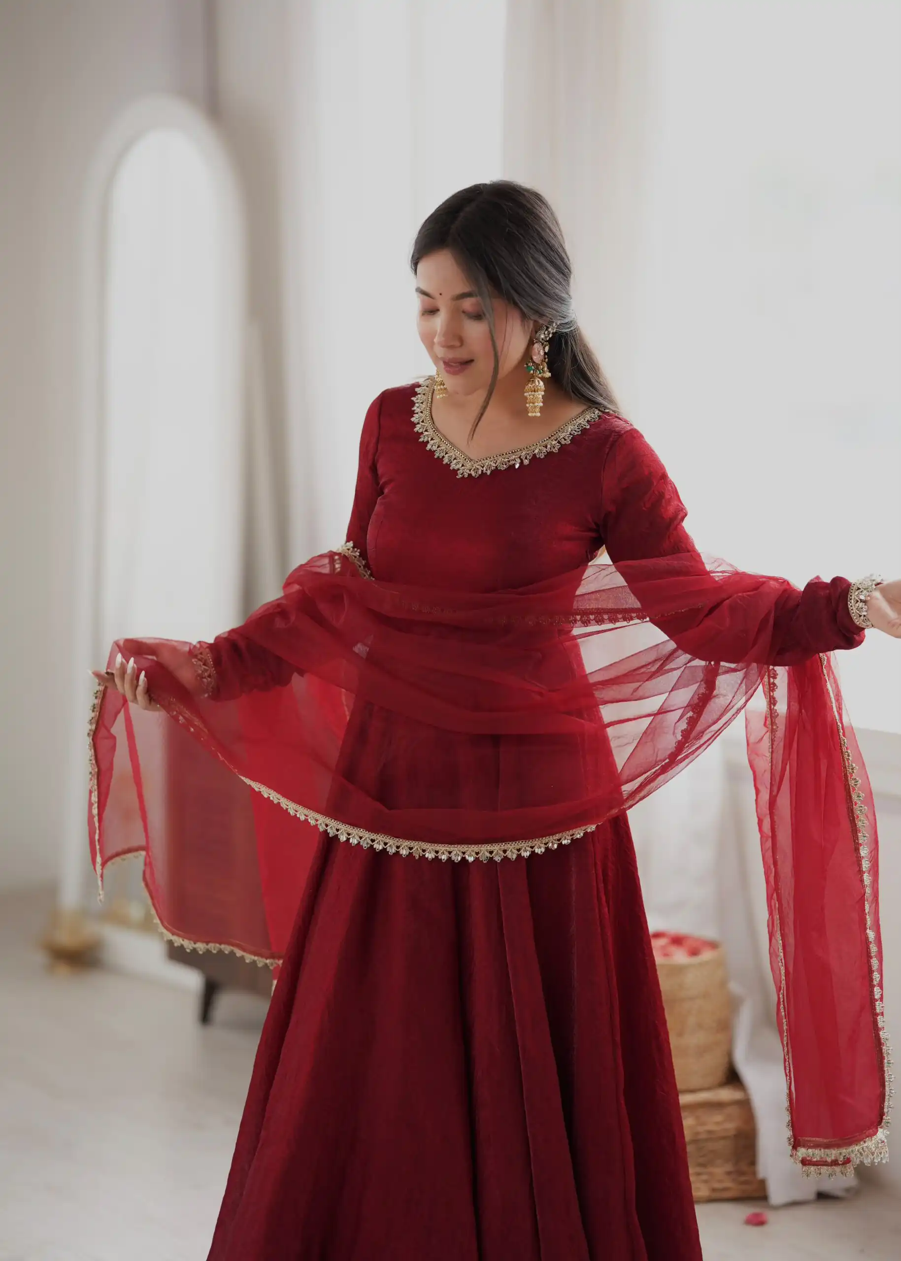 Glowing Maroon Doremon Crush Mirror Work Gown - Image 6