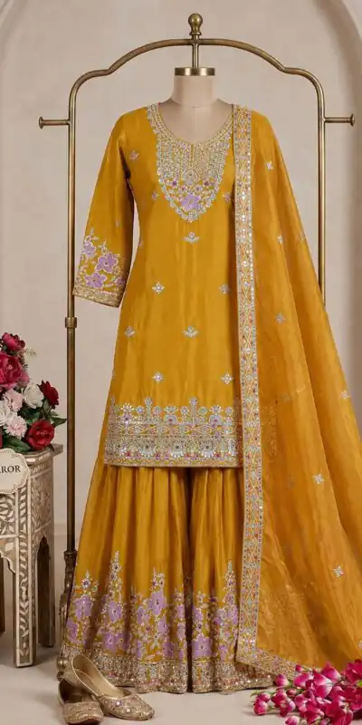 Alternative view of Glowing Mustered Chinon Silk Embroidery Work Salwar Suit