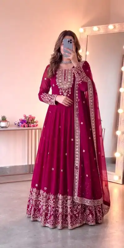 Glowing Pink Georgette Embroidery Sequins Work Gown