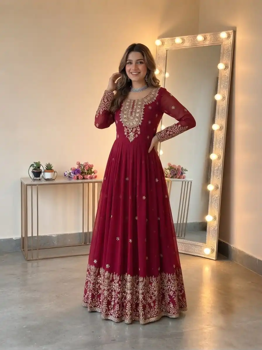 Glowing Red Georgette Embroidery Sequins Work Gown - Image 8