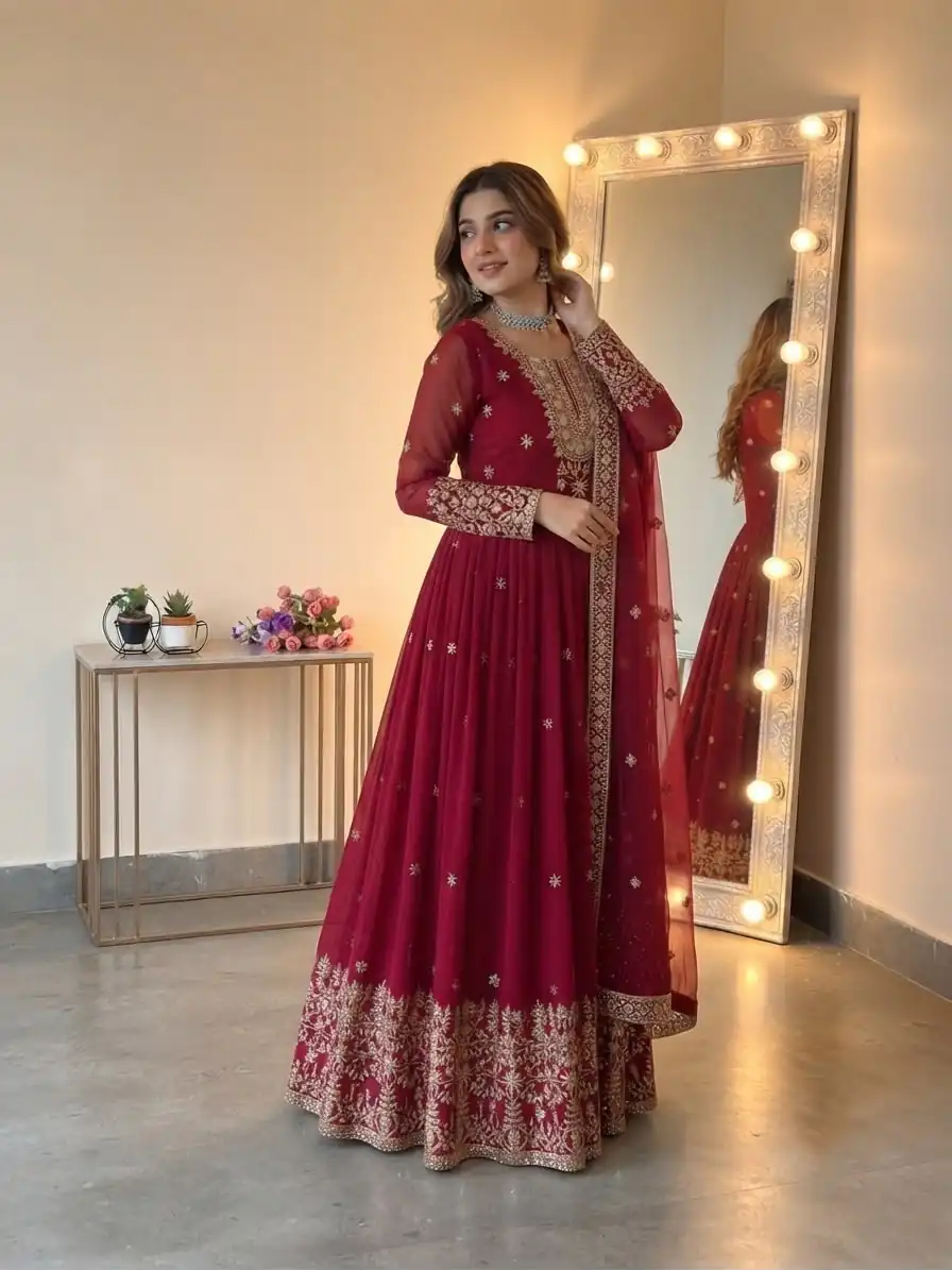Glowing Red Georgette Embroidery Sequins Work Gown - Image 2