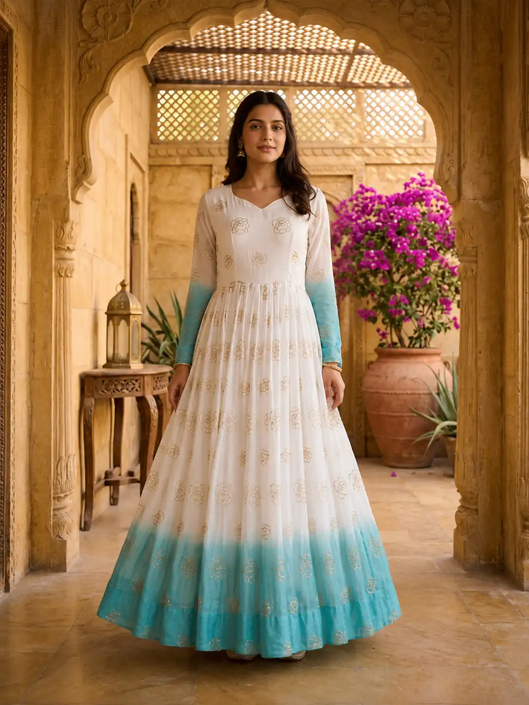 Pretty Blue Silver Crunchy Sequins Work Gown - Image 2
