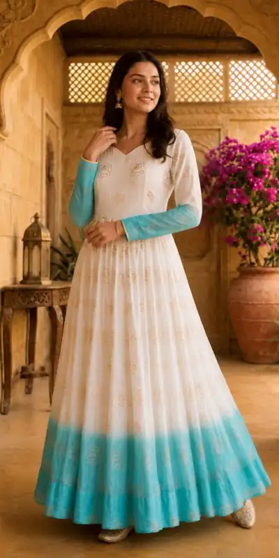Pretty Blue Silver Crunchy Sequins Work Gown