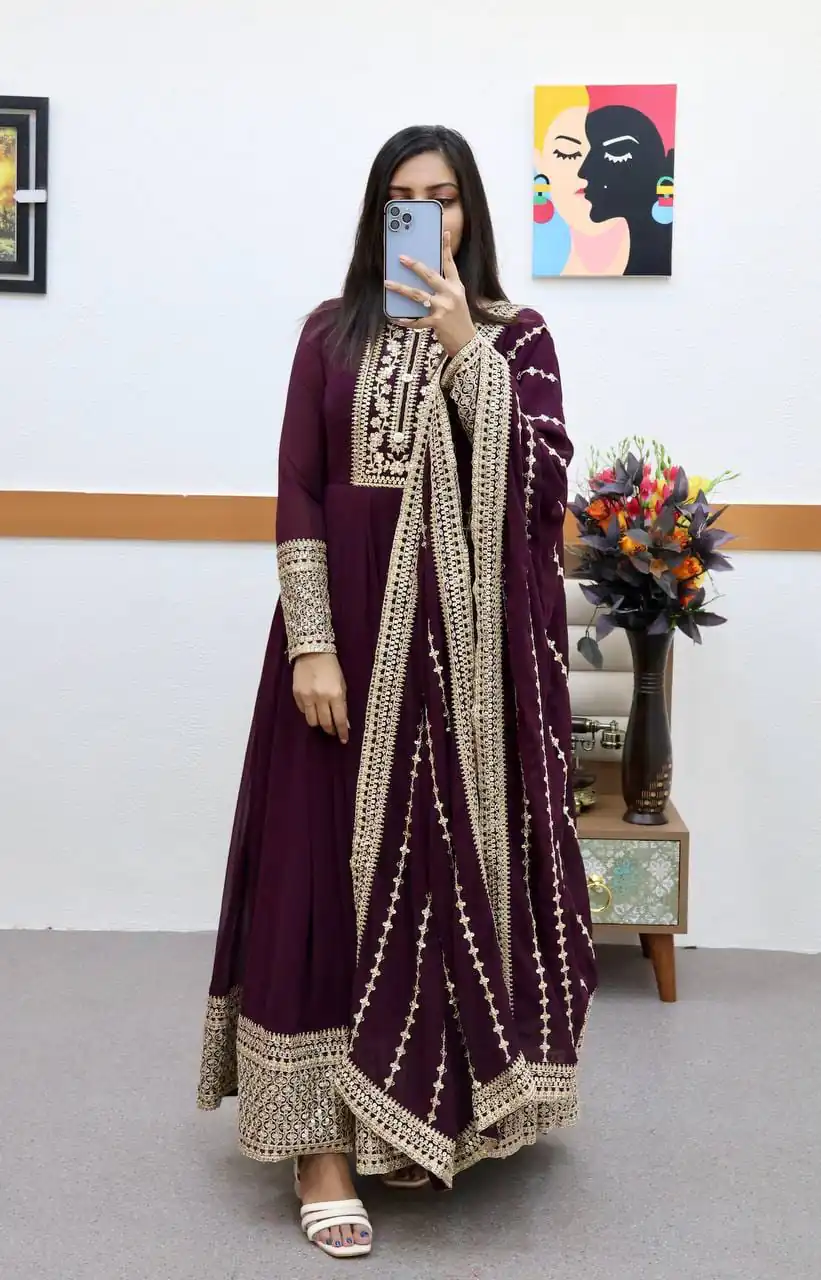 Pretty Wine Fox Georgette Sequins Work Gown - Image 4