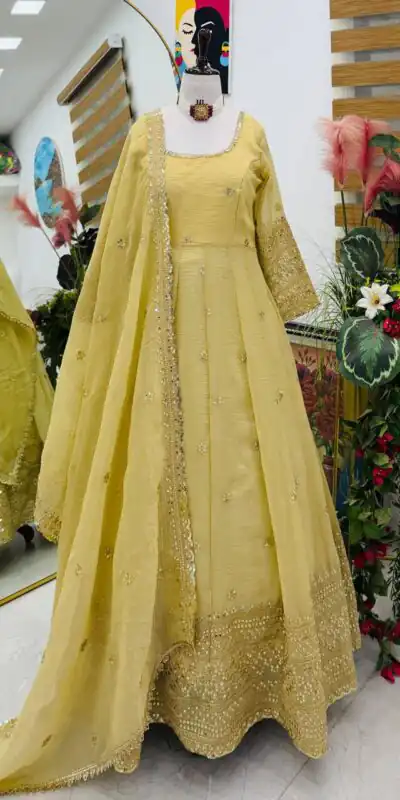 Alternative view of Pretty Yellow Gold Crazy Embroidery Sequins Work Gown