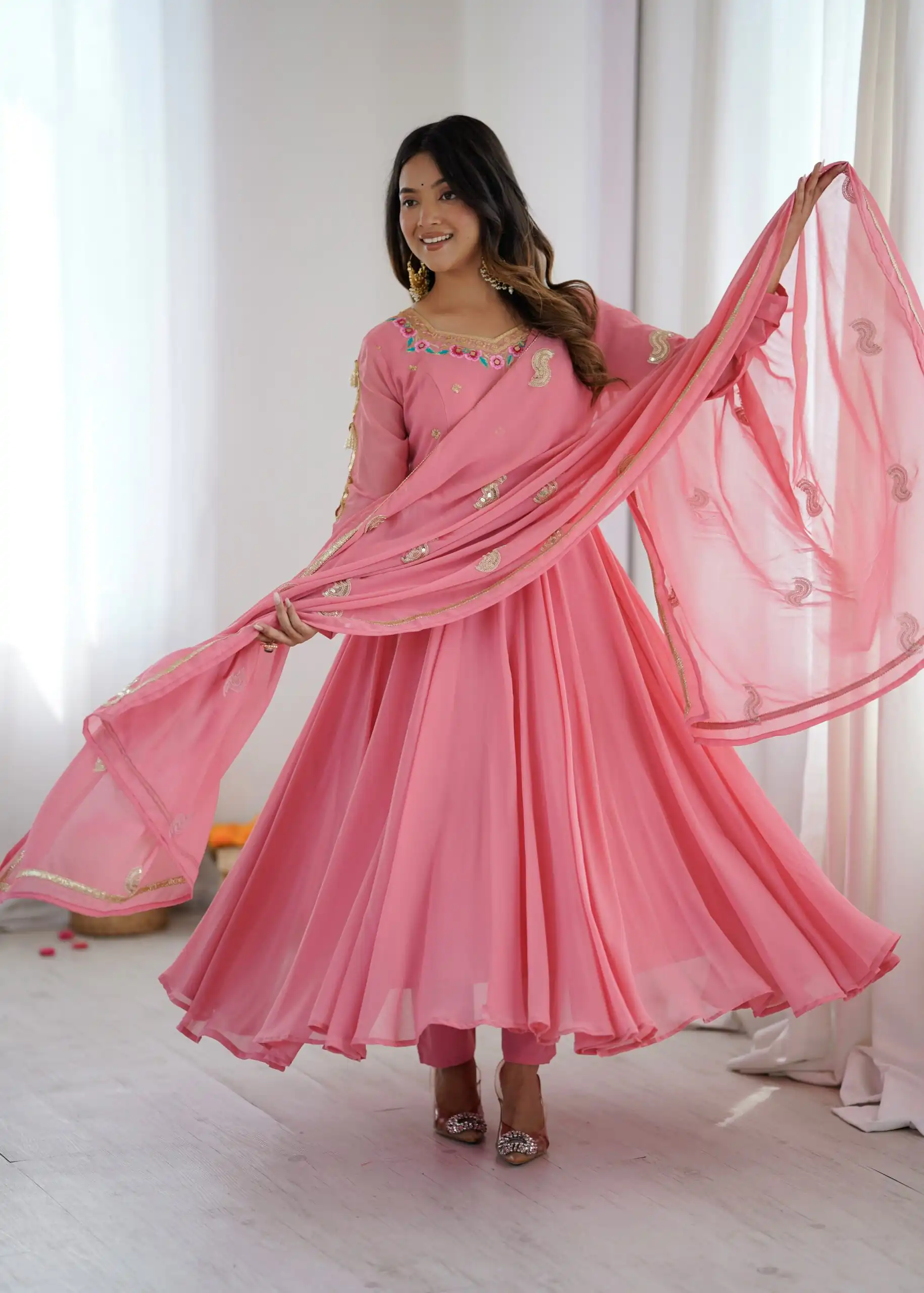 Shiny Dusty Pink Faux Georgette Sequins Work Gown - Image 8