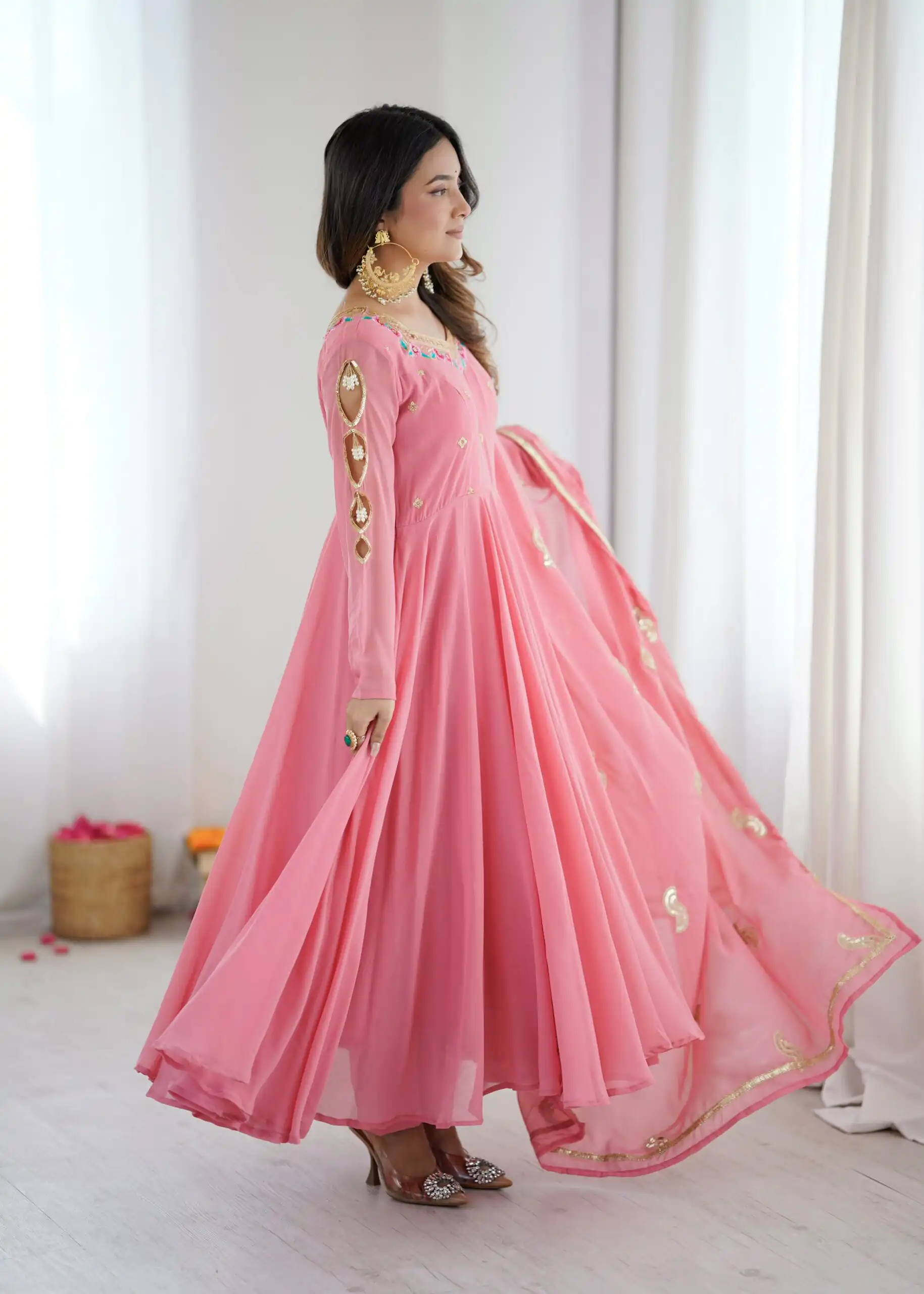 Shiny Dusty Pink Faux Georgette Sequins Work Gown - Image 3