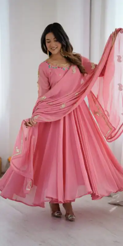 Shiny Dusty Pink Faux Georgette Sequins Work Gown