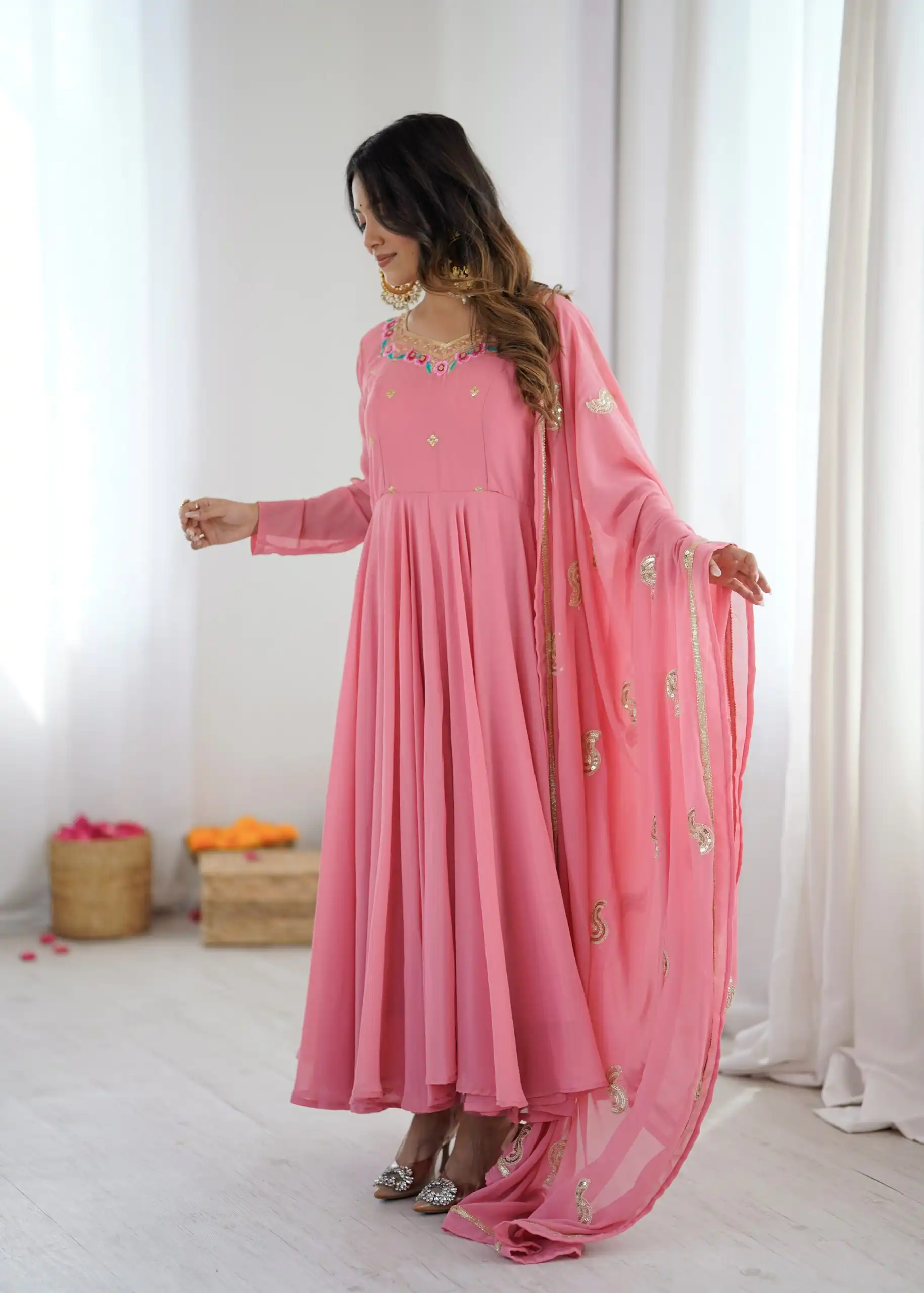 Shiny Dusty Pink Faux Georgette Sequins Work Gown - Image 12