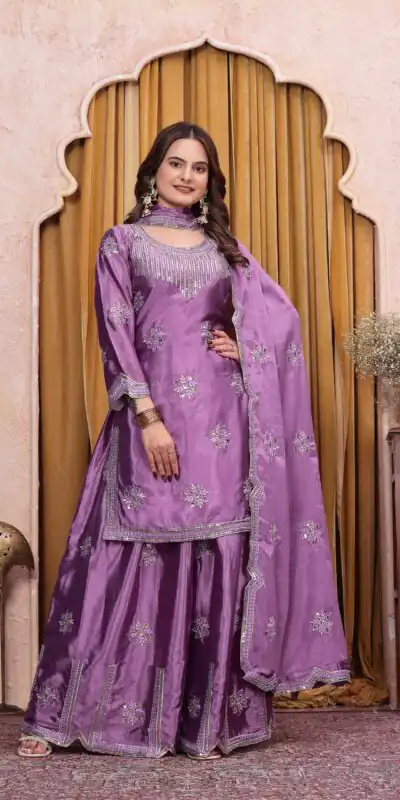 Stunning Lavender Chinon Embroidery Work Salwar Suit