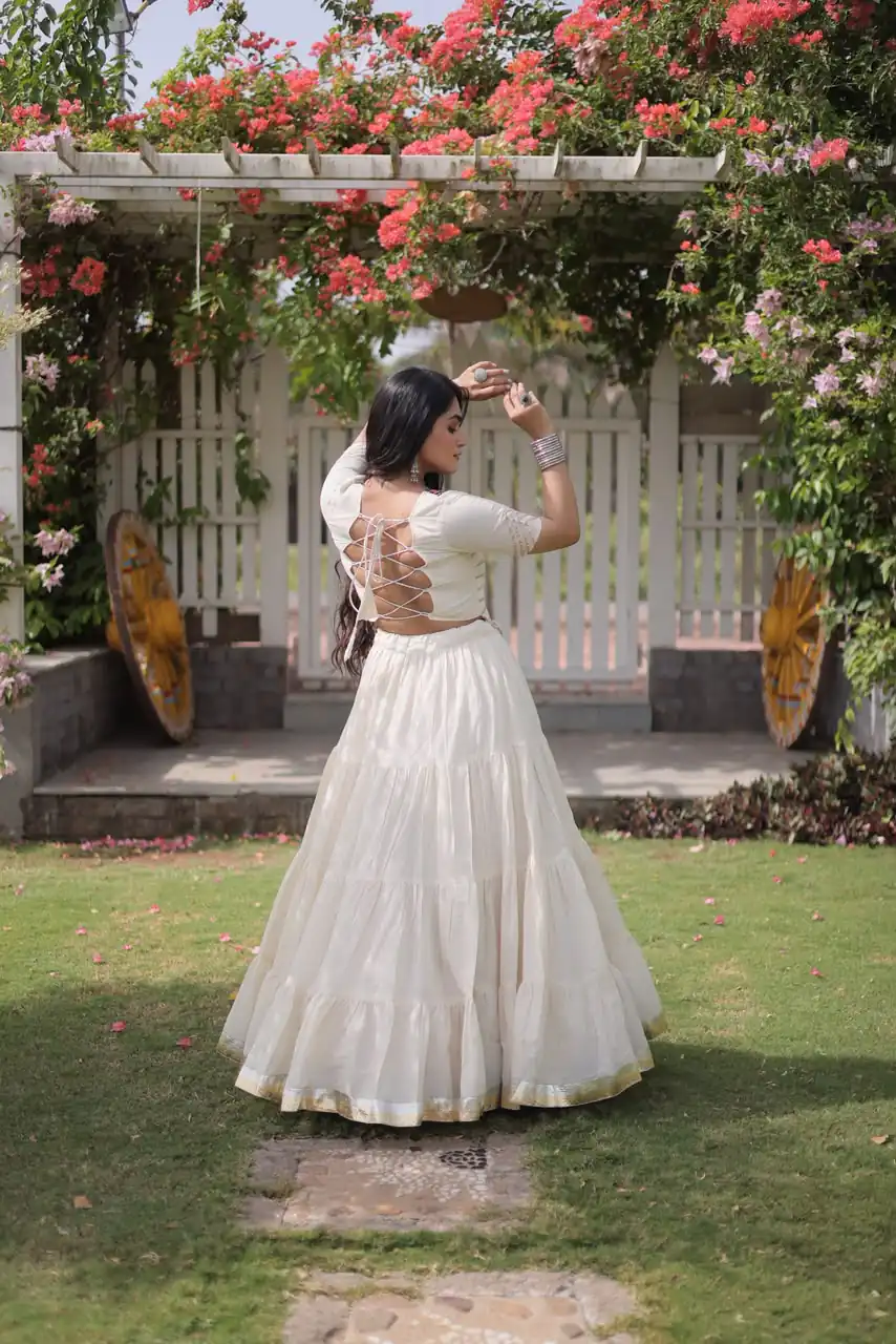 Stylist White Kora Cotton Kutchi Patch Work Lehenga Choli - Image 5