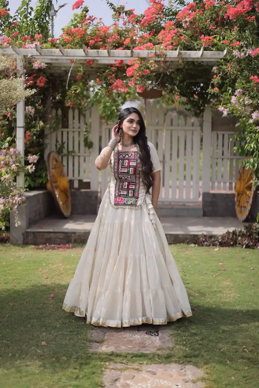 Stylist White Kora Cotton Kutchi Patch Work Lehenga Choli - Image 3