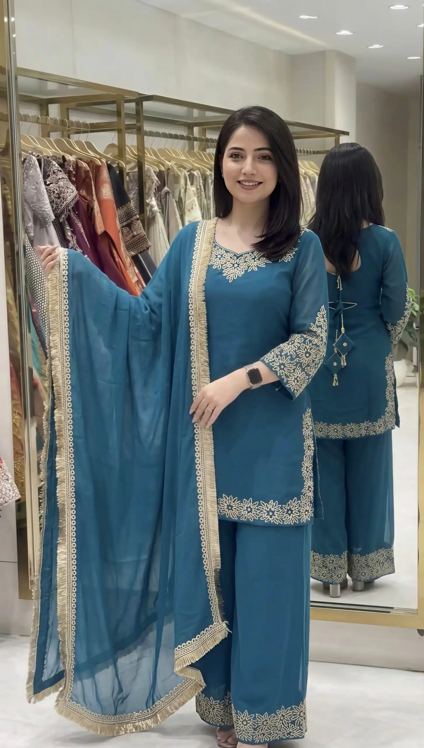 Super Blue Blooming Faux ⁠Sequins Lace Work Salwar Suit - Image 5