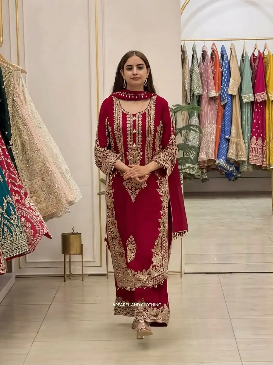 Super Red Faux Georgette Embroidery Work Salwar Suit - Image 2