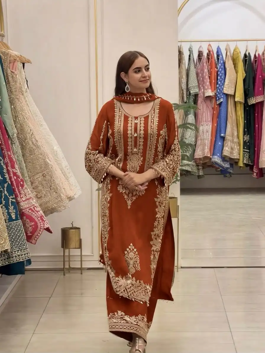 Super Rust Faux Georgette Embroidery Work Salwar Suit - Image 6