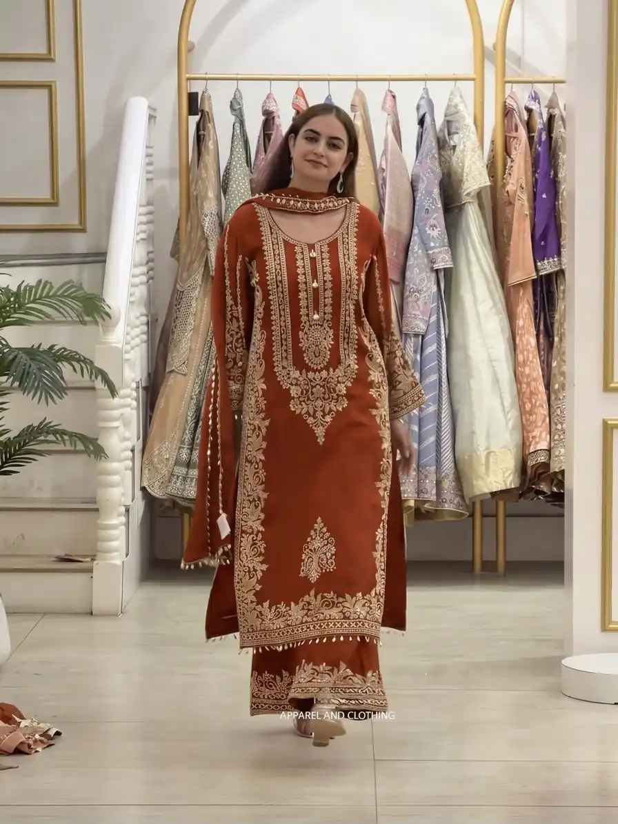 Super Rust Faux Georgette Embroidery Work Salwar Suit - Image 4