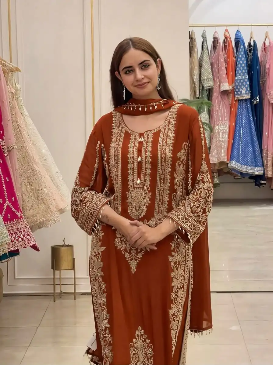 Super Rust Faux Georgette Embroidery Work Salwar Suit - Image 3