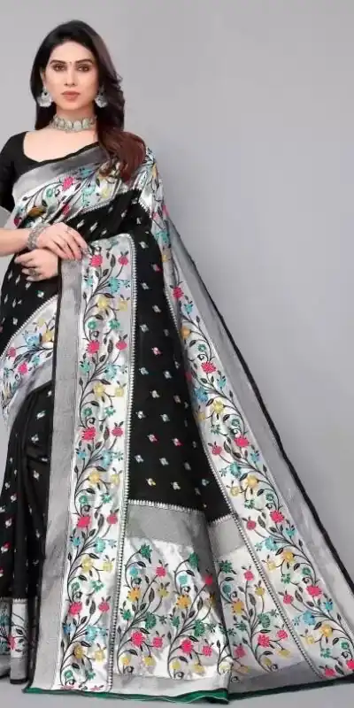Superb Black Lichi Silk Lace Border Work Saree