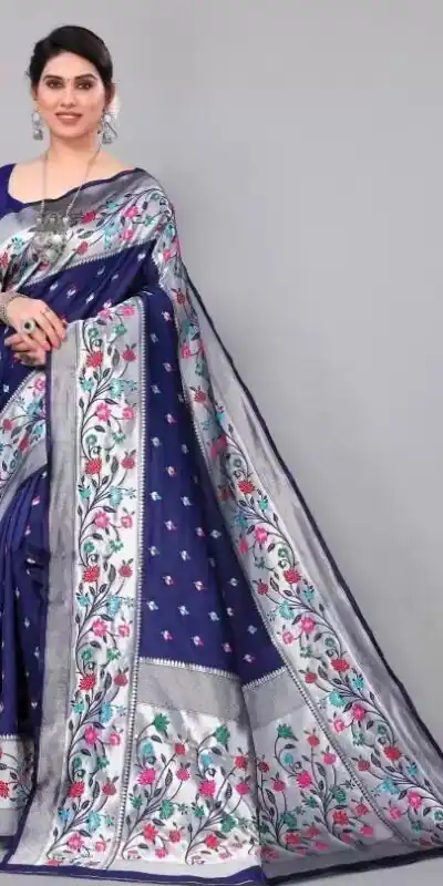Superb Navy Blue Lichi Silk Lace Border Work Saree