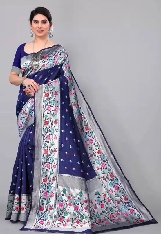 Superb Navy Blue Lichi Silk Lace Border Work Saree