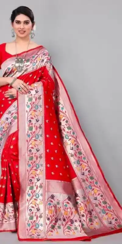 Superb Red Lichi Silk Lace Border Work Saree