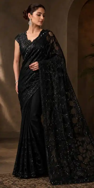 Unique Black Butterfly Net Sequence Work Saree