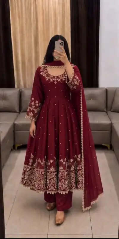 SR 1719 Maroon Faux Georgette Gown Perfect for Wedding, Party, Raksha Bandhan, Temple Visit, Onam – . Get it for ₹2149. Delivery 4-6 Working Days. Shop now | Gowns, Bollywood Gowns, Creative Gowns, Designer Gowns, Embroidered Gowns, Party Wear Gowns