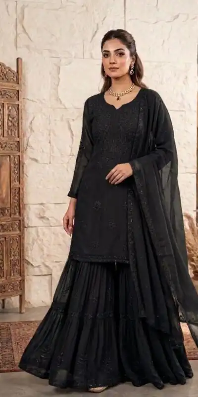 BE 456 Black Georgette Gown Perfect for Wedding, Party, Makar Sankranti, Karwa Chauth, Ethnic Day – . Now at just ₹2049. Delivery 4-6 Working D | Jump Suits, Salwar suit, Casual Suits, Creative suits, Designer Suits, Palazzo Suits, Party Wear Suits, Patiala Suits, Straight Suits