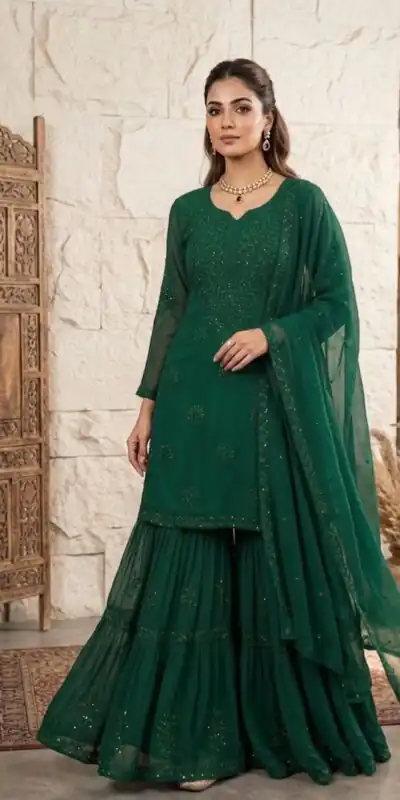 BE 456 Green Georgette Gown Perfect for Wedding, Party, Makar Sankranti, Karwa Chauth, Ethnic Day – . Now at just ₹2049. Delivery 4-6 Working D | Jump Suits, Salwar suit, Casual Suits, Creative suits, Designer Suits, Palazzo Suits, Party Wear Suits, Patiala Suits, Straight Suits