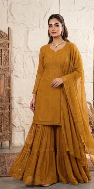 BE 456 Mustered Georgette Gown Perfect for Wedding, Party, Makar Sankranti, Karwa Chauth, Ethnic Day – . Now at just ₹2049. Delivery 4-6 Working D | Jump Suits, Salwar suit, Casual Suits, Creative suits, Designer Suits, Palazzo Suits, Party Wear Suits, Patiala Suits, Straight Suits
