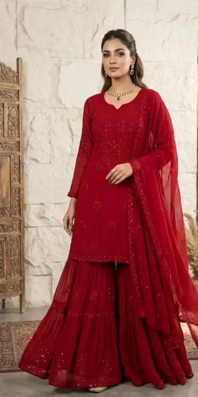 BE 456 Red Georgette Gown Perfect for Wedding, Party, Makar Sankranti, Karwa Chauth, Ethnic Day – . Now at just ₹2049. Delivery 4-6 Working D | Jump Suits, Salwar suit, Casual Suits, Creative suits, Designer Suits, Palazzo Suits, Party Wear Suits, Patiala Suits, Straight Suits