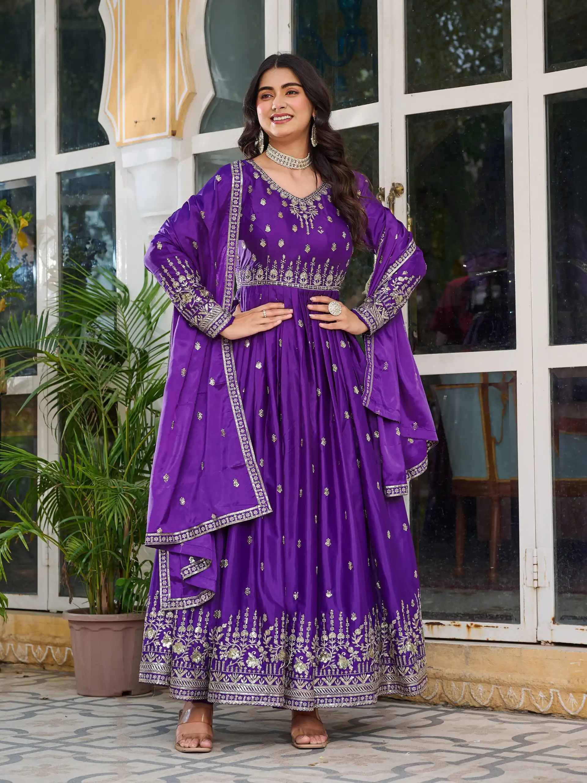Attractive Purple American Silk Sequins Work Gown