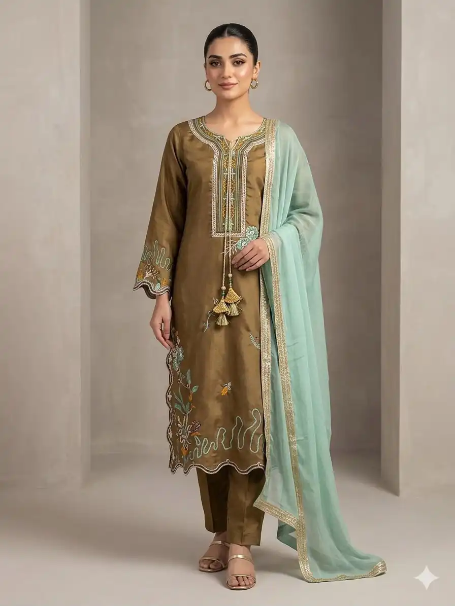 LG 2120 Brown | Brown Glass Roman Salwar Suit with Embroidery Work. Introductory Price ₹1999. Delivery 4-6 Working Days. Shop now. | Jump Suits, Salwar suit, Casual Suits, Creative suits, Designer Suits, Palazzo Suits, Party Wear Suits, Patiala Suits, Straight Suits