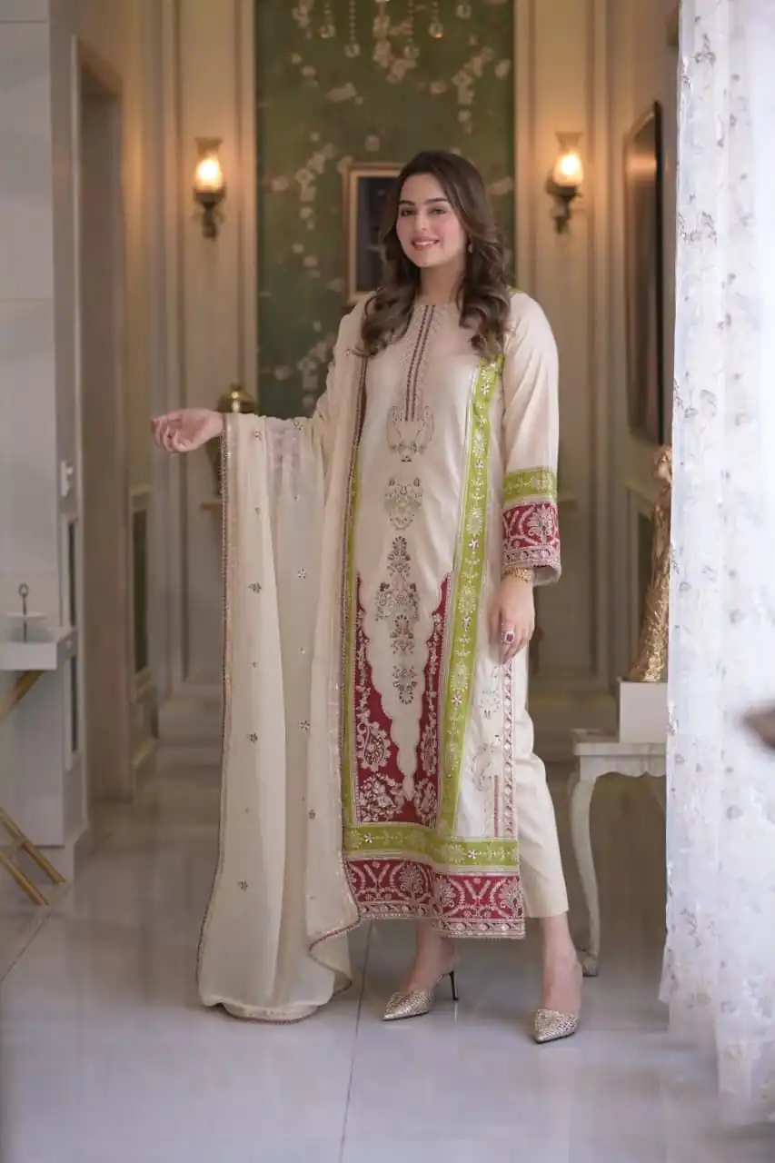 AD 238 Cream Roman Silk Salwar Suit Perfect for Wedding, Party, Lohri, Onam, Reception – . Grab it for ₹2399. Delivery 4-6 Working Days. Shop now. | Jump Suits, Salwar suit, Casual Suits, Creative suits, Designer Suits, Palazzo Suits, Party Wear Suits, Patiala Suits, Straight Suits