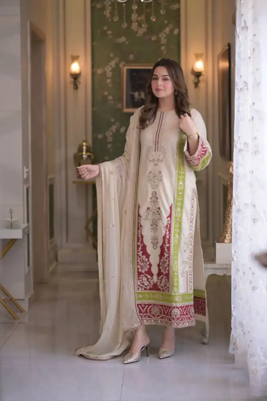 AD 238 Cream Roman Silk Salwar Suit Perfect for Wedding, Party, Lohri, Onam, Reception – . Grab it for ₹2399. Delivery 4-6 Working Days. Shop now. | Jump Suits, Salwar suit, Casual Suits, Creative suits, Designer Suits, Palazzo Suits, Party Wear Suits, Patiala Suits, Straight Suits
