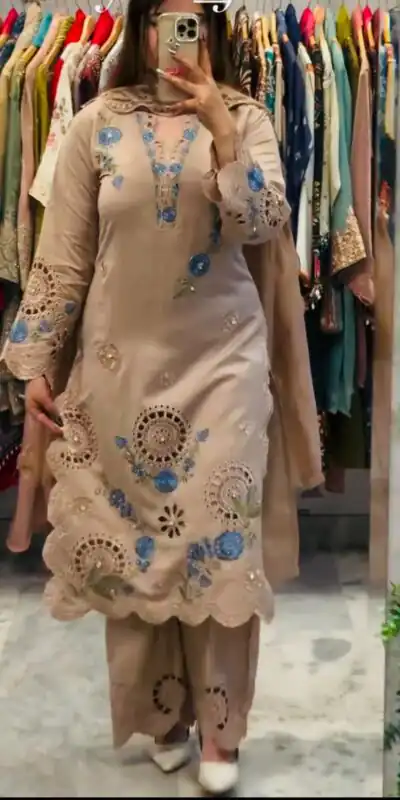 VLM 343 Chiku Roman Salwar Suit with Cut Work & Embroidery Work. Exclusive Offer ₹2449. Delivery 4-6 Working Days. Shop now. | Jump Suits, Salwar suit, Casual Suits, Creative suits, Designer Suits, Palazzo Suits, Party Wear Suits, Patiala Suits, Straight Suits