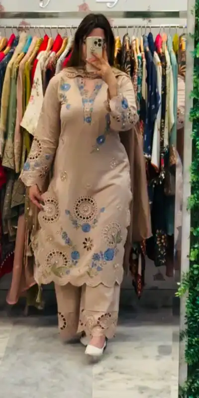 VLM 343 Chiku Roman Salwar Suit with Cut Work & Embroidery Work. Exclusive Offer ₹2449. Delivery 4-6 Working Days. Shop now. | Jump Suits, Salwar suit, Casual Suits, Creative suits, Designer Suits, Palazzo Suits, Party Wear Suits, Patiala Suits, Straight Suits