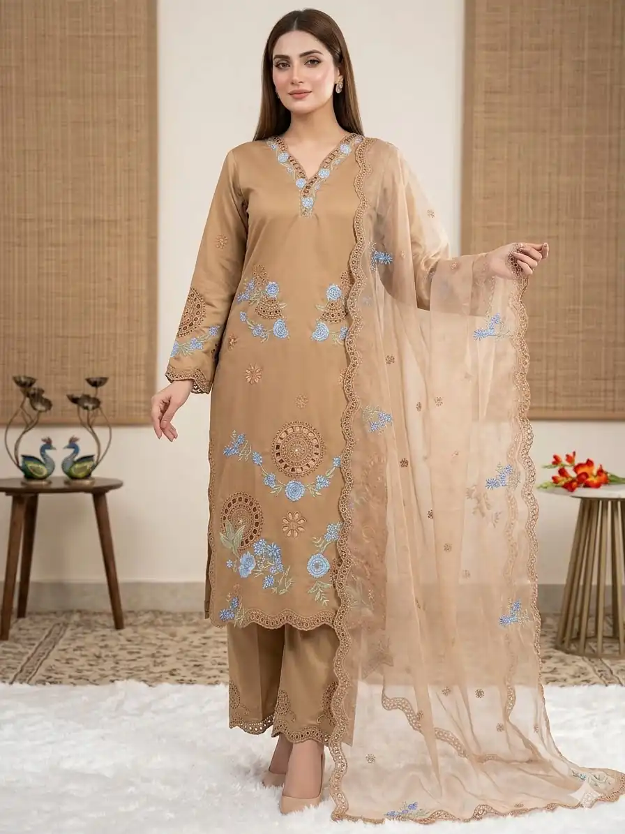 VLM 343 Chiku Roman Salwar Suit with Cut Work & Embroidery Work. Exclusive Offer ₹2449. Delivery 4-6 Working Days. Shop now. | Jump Suits, Salwar suit, Casual Suits, Creative suits, Designer Suits, Palazzo Suits, Party Wear Suits, Patiala Suits, Straight Suits