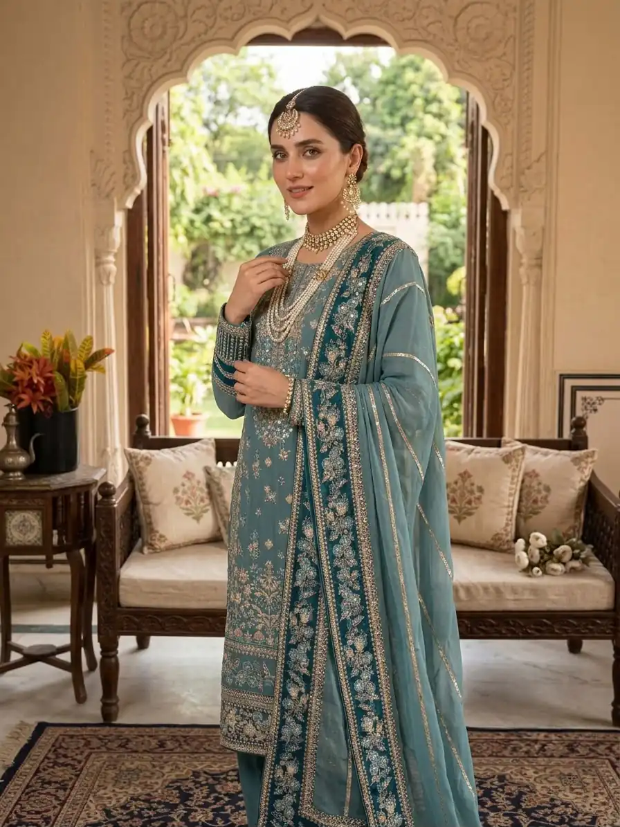 ZSR 3175 Blue Fox Georgette Salwar Suit with Embroidery Work & Sequins Work. Grab it for ₹2399. Delivery 4-6 Working Days. Shop now. | Jump Suits, Salwar suit, Casual Suits, Creative suits, Designer Suits, Palazzo Suits, Party Wear Suits, Patiala Suits, Straight Suits