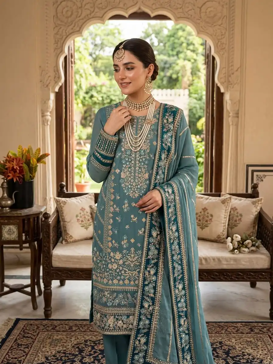 ZSR 3175 Blue Fox Georgette Salwar Suit with Embroidery Work & Sequins Work. Grab it for ₹2399. Delivery 4-6 Working Days. Shop now. | Jump Suits, Salwar suit, Casual Suits, Creative suits, Designer Suits, Palazzo Suits, Party Wear Suits, Patiala Suits, Straight Suits
