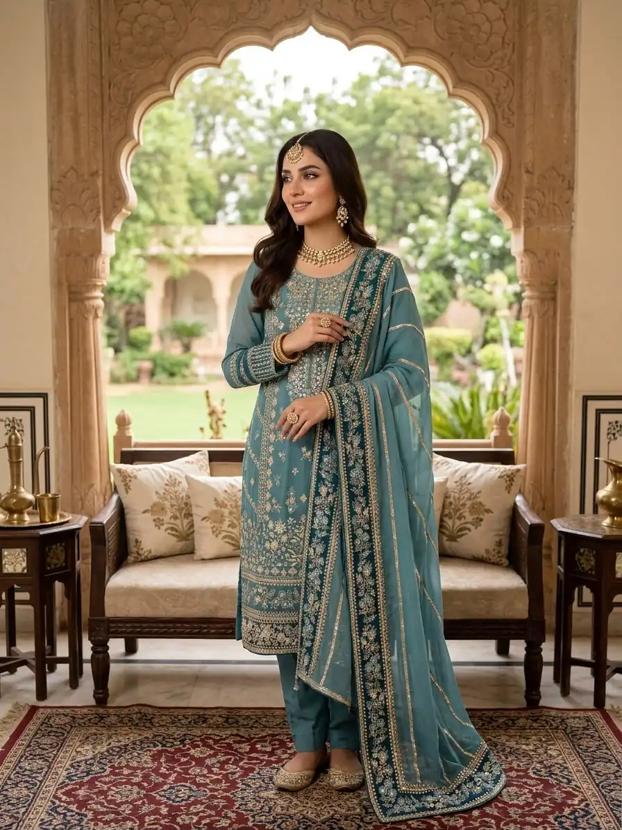 ZSR 3175 Blue Fox Georgette Salwar Suit with Embroidery Work & Sequins Work. Grab it for ₹2399. Delivery 4-6 Working Days. Shop now. | Jump Suits, Salwar suit, Casual Suits, Creative suits, Designer Suits, Palazzo Suits, Party Wear Suits, Patiala Suits, Straight Suits