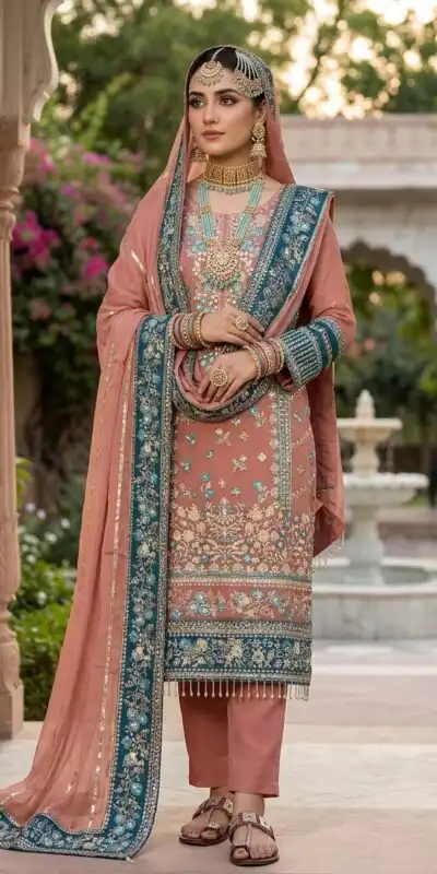ZSR 3175 Peach Fox Georgette Salwar Suit with Embroidery Work & Sequins Work. Grab it for ₹2399. Delivery 4-6 Working Days. Shop now. | Jump Suits, Salwar suit, Casual Suits, Creative suits, Designer Suits, Palazzo Suits, Party Wear Suits, Patiala Suits, Straight Suits