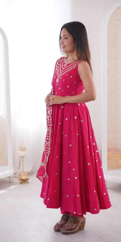 JF 038 Rani Pink Roman Silk Gown with Embroidery Work. Wedding, Party, Events, Navratri, Exclusive Offer ₹2149. Delivery 4-6 Working Days. Shop now. | Gowns, Bollywood Gowns, Creative Gowns, Designer Gowns, Embroidered Gowns, Party Wear Gowns