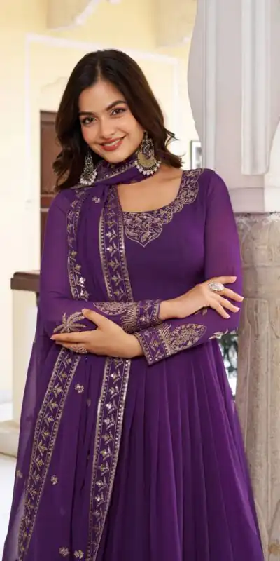 SP 31 Purple Faux Georgette Salwar Suit with Lace Work & Digital Print. Introductory Price ₹1999. Delivery 4-6 Working Days. Shop now. | Anarkali Suits, Bollywood Anarkali, Creative-Anarkali, Designer Anarkali, Embroidered Anarkali, Party Wear Anarkali, Salwar suit