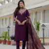 DIVA 125 | Wine Roman Silk Salwar Suit with Sequins Work & Embroidery Work. Available at ₹1799 only. Delivery 4-6 Working Days. Shop now. | Jump Suits, Salwar suit, Casual Suits, Creative suits, Designer Suits, Palazzo Suits, Party Wear Suits, Patiala Suits, Straight Suits