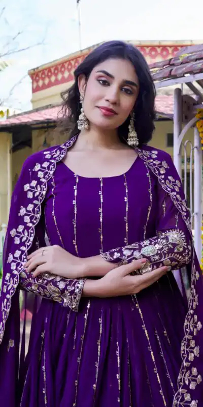Ram 170 | Purple Fox Georgette Gown with Embroidery Work & Sequins Work. Available at ₹2149 only. Delivery 4-6 Working Days. Shop now. | Gowns, Bollywood Gowns, Creative Gowns, Designer Gowns, Embroidered Gowns, Party Wear Gowns