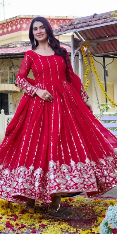 Ram 170 | Red Fox Georgette Gown with Embroidery Work & Sequins Work. Available at ₹2149 only. Delivery 4-6 Working Days. Shop now. | Gowns, Bollywood Gowns, Creative Gowns, Designer Gowns, Embroidered Gowns, Party Wear Gowns